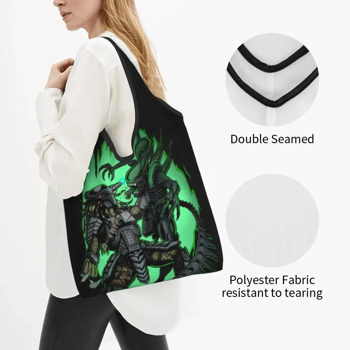 Custom Alien Predators Horror Grocery Shopping Bags Fashion Shopper Shoulder Tote Bags Portable Science Fiction Comics Handbag