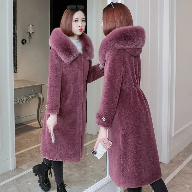 

Woman Winter Genuine Wool Fur Coats High High-quality Ladies Slim Hooded Long Lambswool Outwear Thick Warm Sheep Shearing Jacket