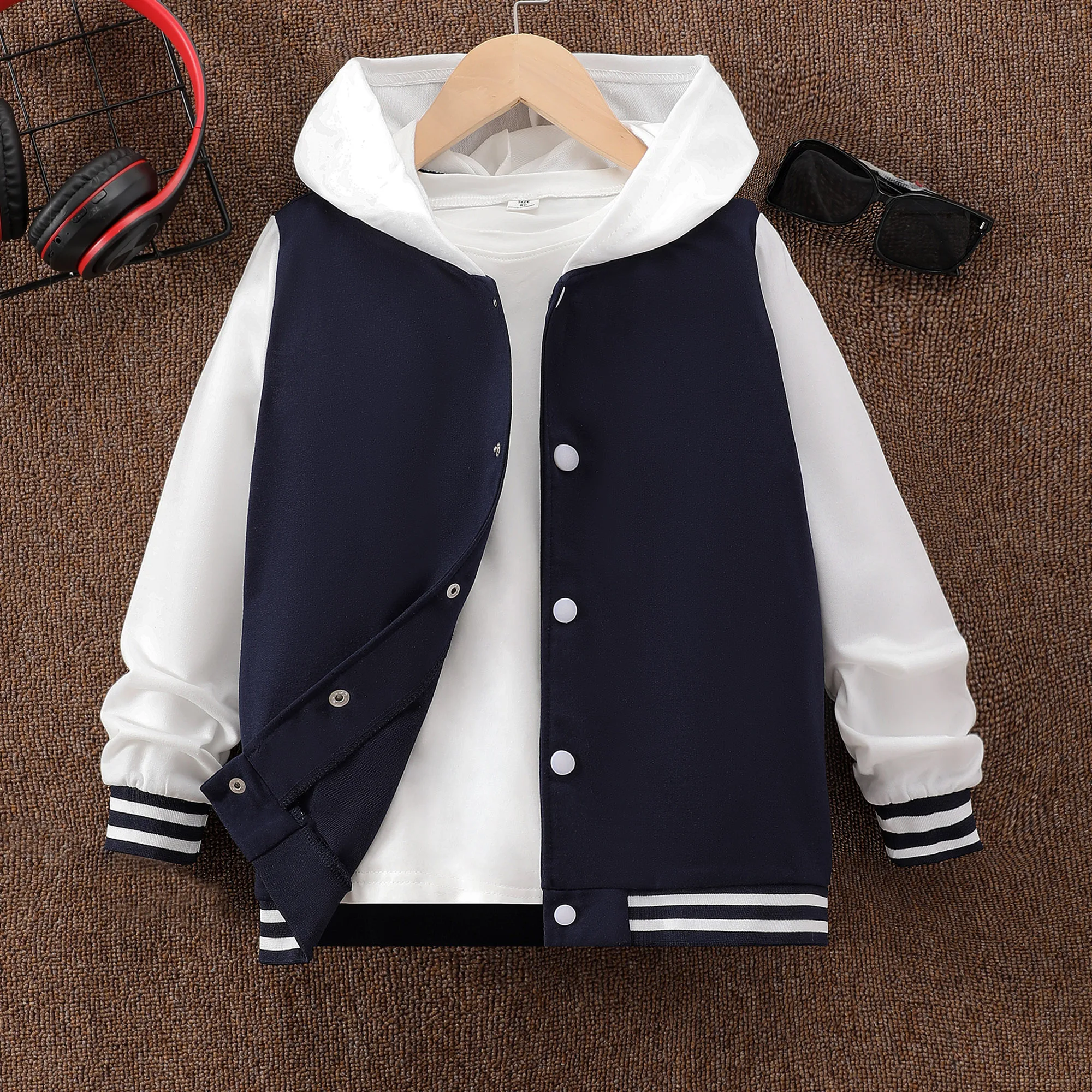 2023 Boys Autumn Winter Children's Wear Long Sleeve Hooded Panel Contrast Baseball Fashion Casual Coat 8 9 10 11 12 13 14 Years