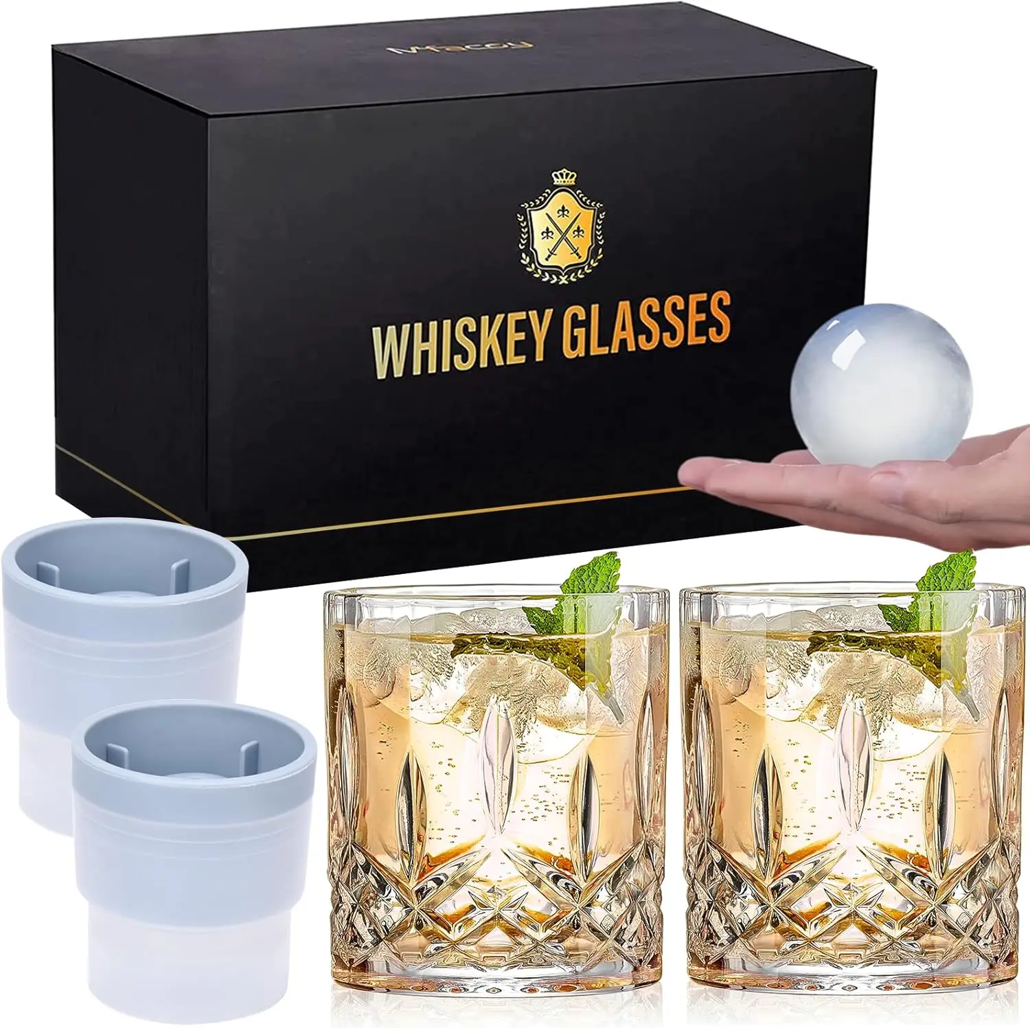

4-Piece Whiskey Glass Set with Ice Ball Molds in Gift Box, 11 Oz Rocks Glasses for Bourbon Scotch Cocktail Rum Vodka Liquor