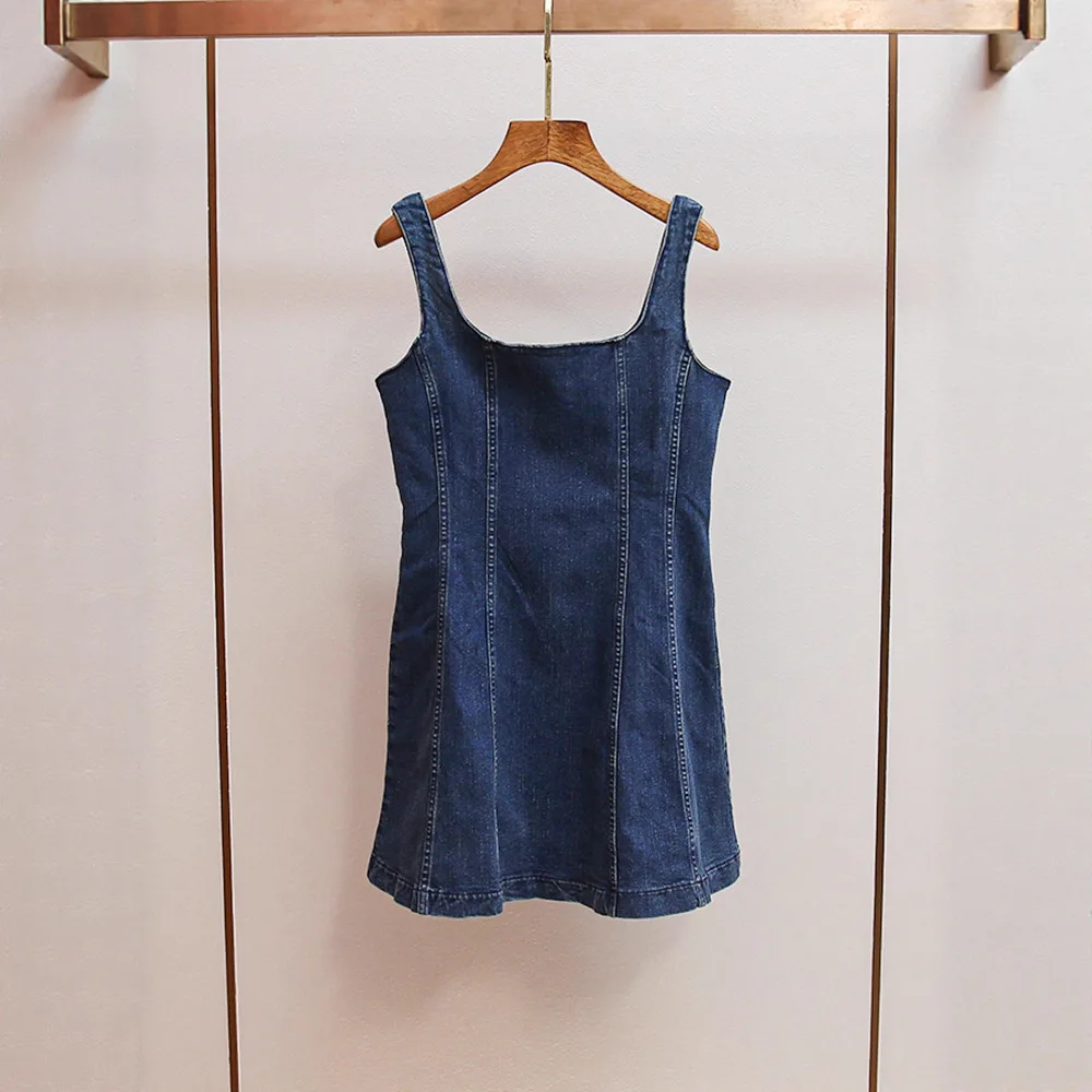 

Blue Zipper Slim Fit A-Line Dress Women's Summer Casual Style High Waist Denim Backless Strapless Dress Autumn New Arrival