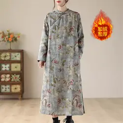 Cheongsam Dress Winter Thickened Chinese Style Retro Added Velvet Qipao Printed Long Sleeved Loose Waist Warm Dress Woman Z4816