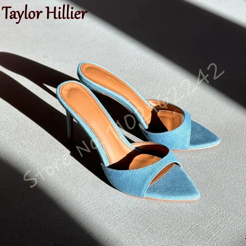 

New Blue Denim Open Toe Slippers Pointed Stiletto Mules Sexy Shallow Mouth Party Beach Dinner Slippers Women Summer High Heels