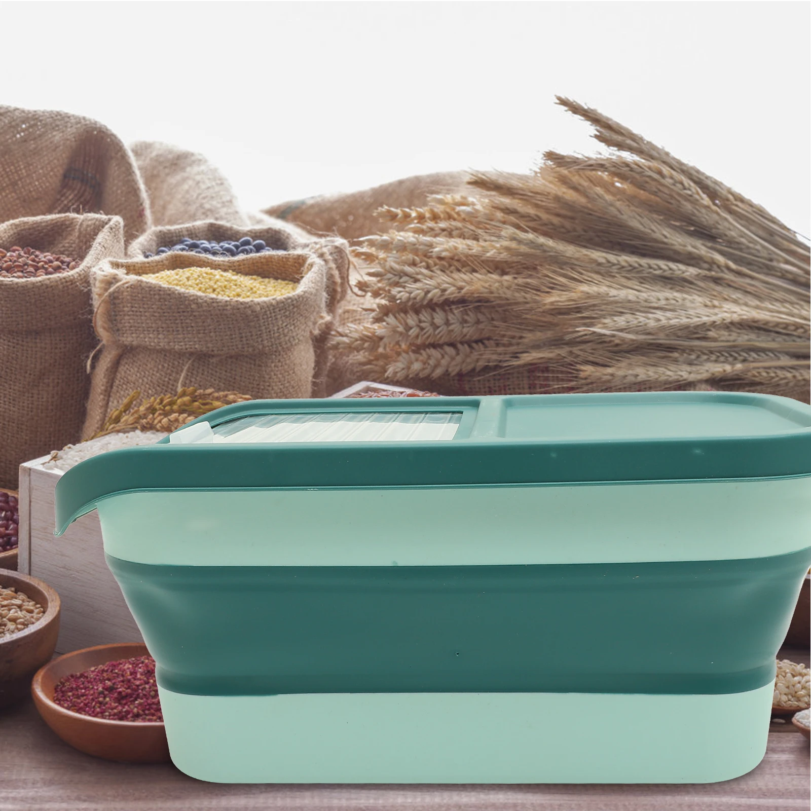 

Slide Type Foldable Rice Bucket Beans Flour Grain Storage Pet Food Container Nordic Green Large Capacity Kitchen Countertop