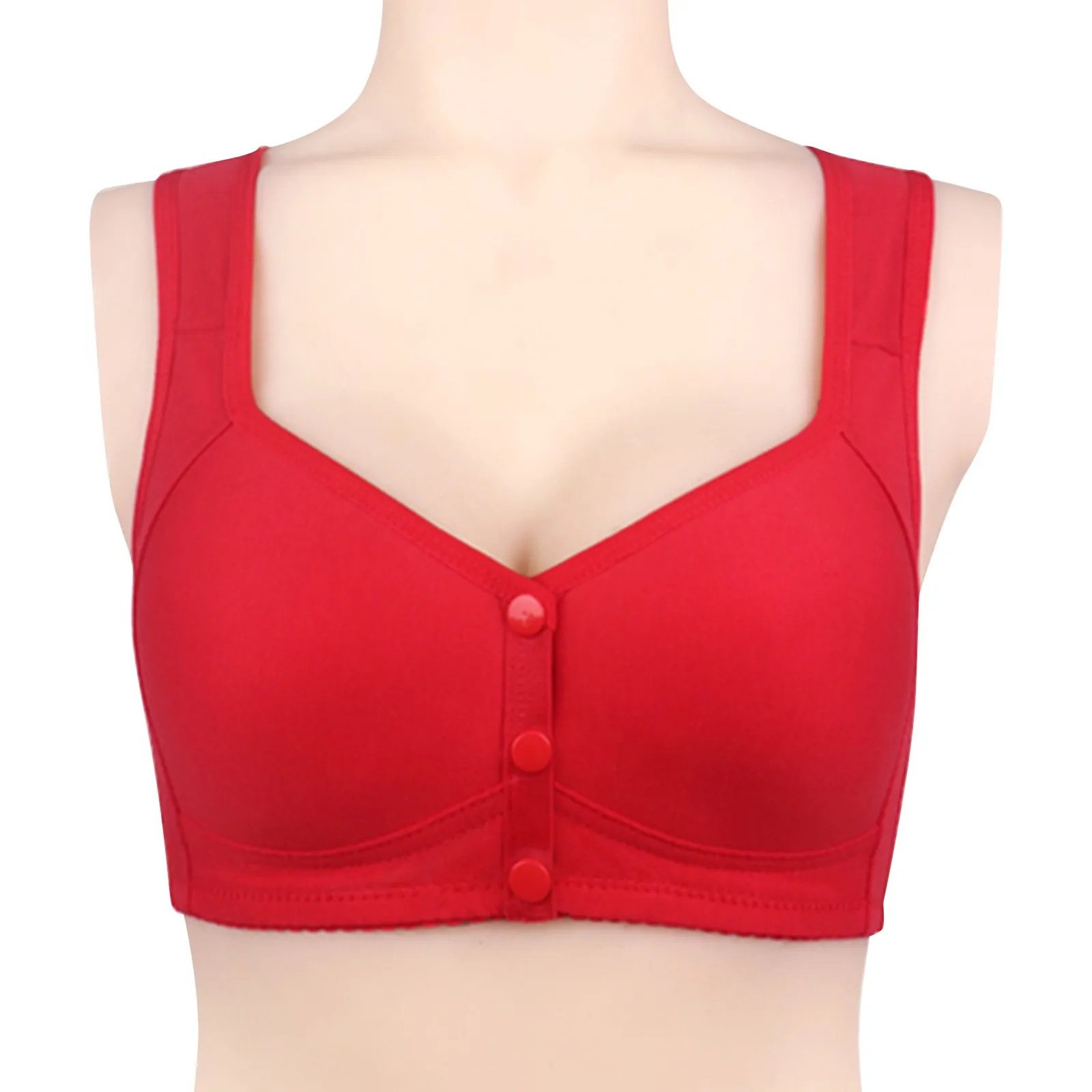 

Wide Strap Buttons V Neck Padded Push Up Plus Size Middle Age Women Underwear Comfortable Soft Bras Cotton Front-Close Bralette