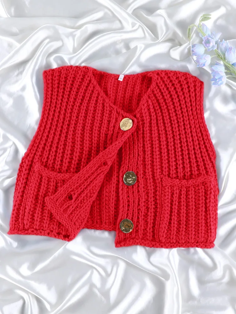 Women'S Knitted Vest Chic Clothes Red Color Sleeveless Casual Tank Top Women Sweater Vests Fashion Sweater Top Button Clothing