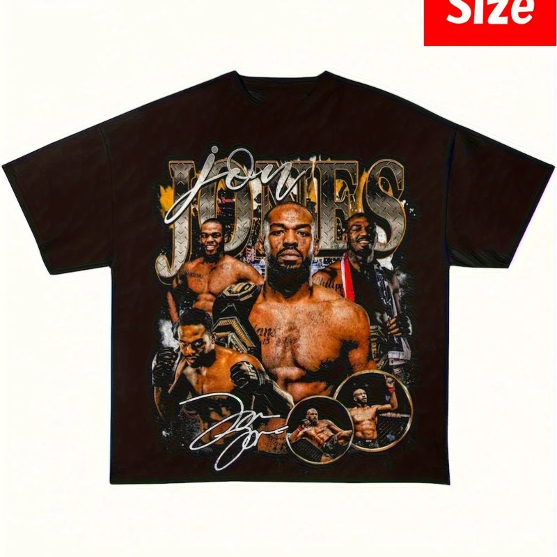 

Летняя бестселлерная мужская футболка Jon Jones Retro MMA Champion с рисунком - черный ретро-принт с фирменным стилем