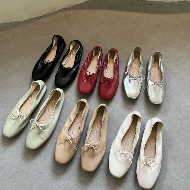 2024 New Spring Fashion Flat Ballet Shoes Fashion Bow Knot Shallow Ballet Round Toe Female Ballerina Soft Moccasin Zapatos Mujer