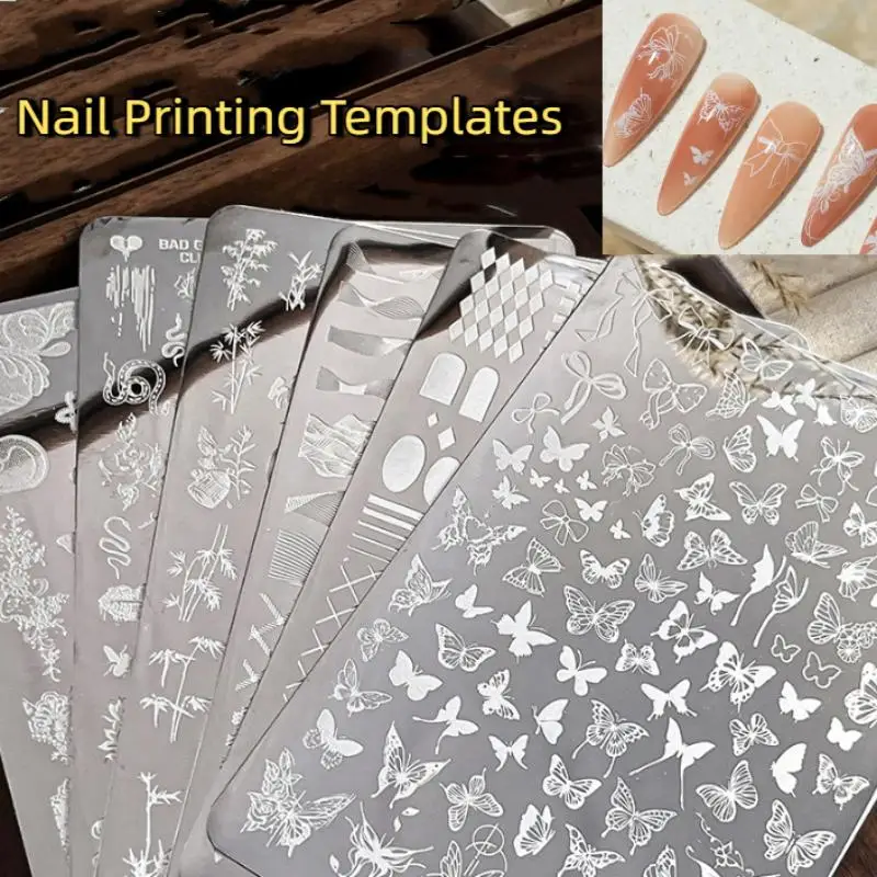 Modelli per unghie con farfalle e fiori Piastre per timbri Linea di design con fiocco francese Stampa Stencil Accessori per manicure con timbri per unghie