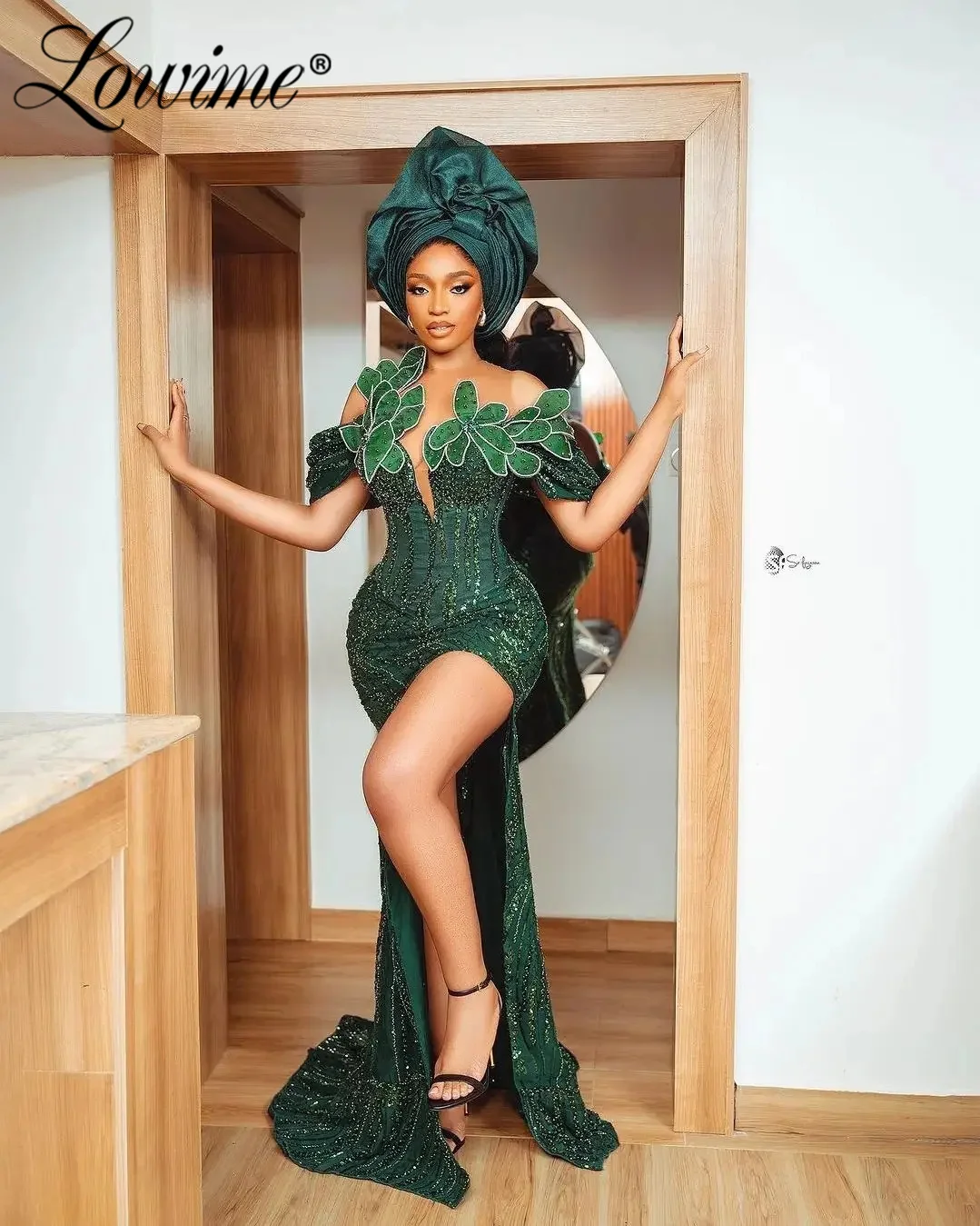 

Женское вечернее платье с юбкой годе, зеленое кружевное платье с блестками и цветочным кружевом, длинное платье с разрезом на боку, модель 2024