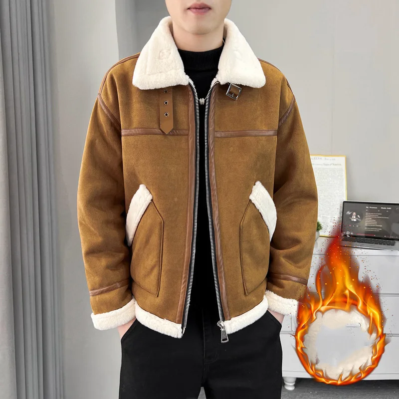 

Men Cargo Coat Autumn Winter Vintage Patchwork Turn Down Collar Male Jacket Long Sleeve Pocket Man Fake Two-piece Outerwear