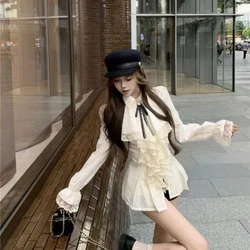 Spring Autumn New Turn-down Collar Long Sleeve Fashion Shirt Women High Street Ruffles Bow Button Patchwork All-match Cardigan