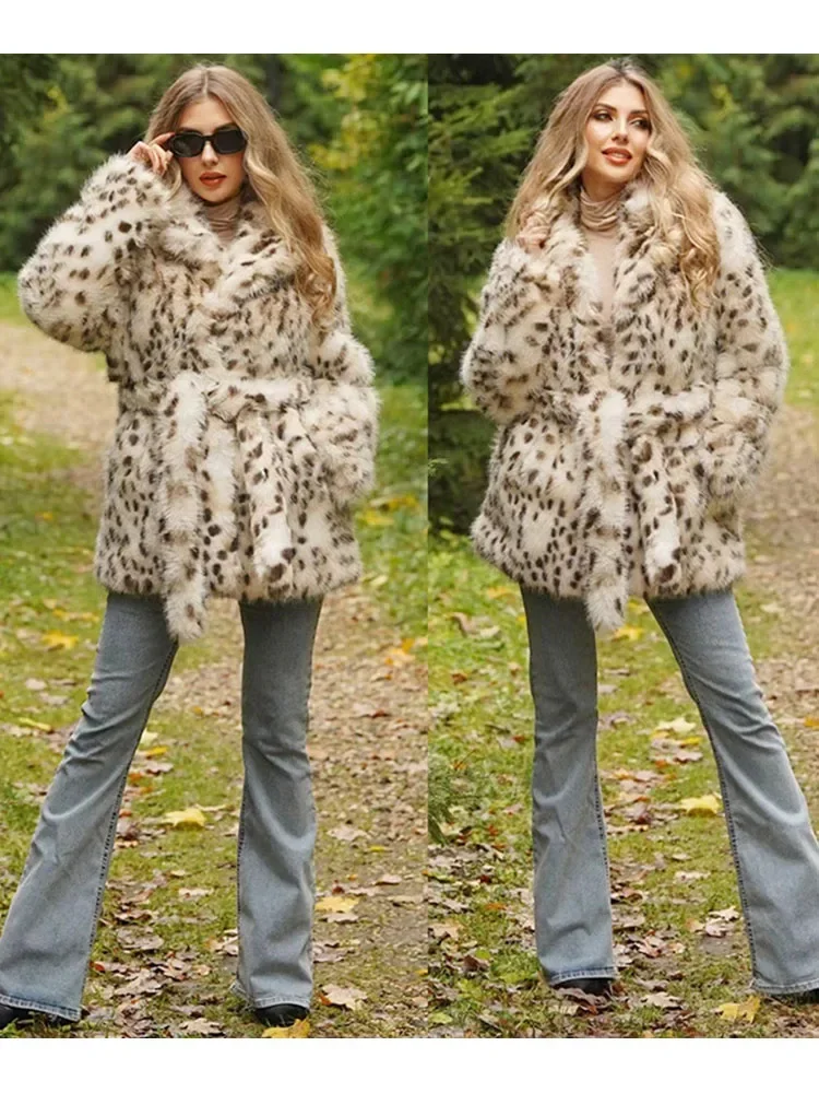 New Elegant Winter Coats for Women Long Belted Leopard Faux Fox Fur Coat Fluffy Faux Fur Jacket Coats Clothes for Women Overcoat