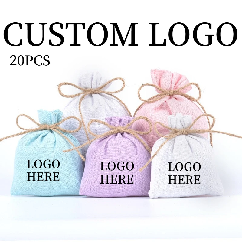 Custom Logo 20Pcs 8x10 Cm Drawstring Cotton Burlap Bag Jute Gift Bags Multi Size Jewelry Packaging Wedding Bags Small Candy Bag