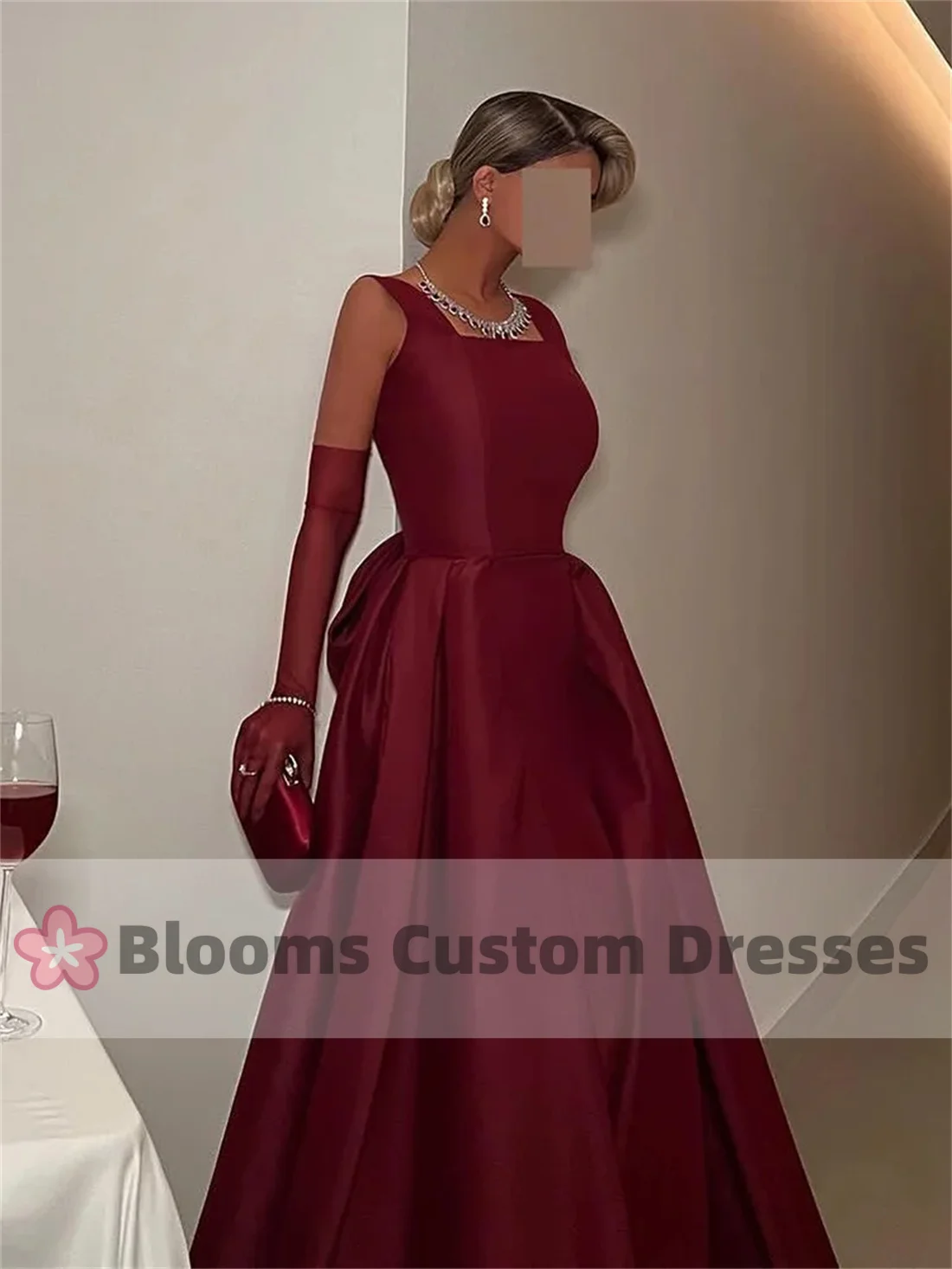 Blooms Elegant Burgundy Customized Prom Dress Square Neck Party Evening Gown Bow Floor Length Saudi Formal Occasion Dress