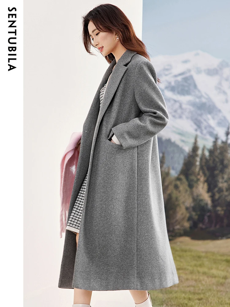 SENTUBILA Women Gray Loose Coat 2025 Winter Elegant Notched Collar Longline Overcoat Korean Popular Women's Clothes 144D58586X