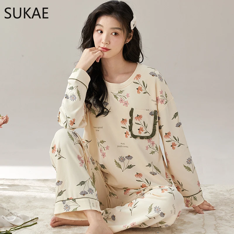 Sukae-女性のための素敵なナイトウェアパジャマセット,フェイクコットンのナイトウェア,女性のためのレジャーパジャマ,長袖,シックなホームウェア,秋冬,新しい