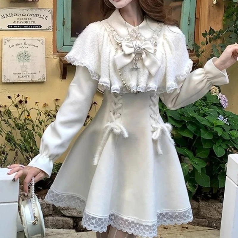 

Милое приталенное платье-принцесса для осени и зимы, элегантное мини-платье в стиле Лолита, женское платье с бантом, кружевными вставками и эффектом двухслойности (имитация накидки)