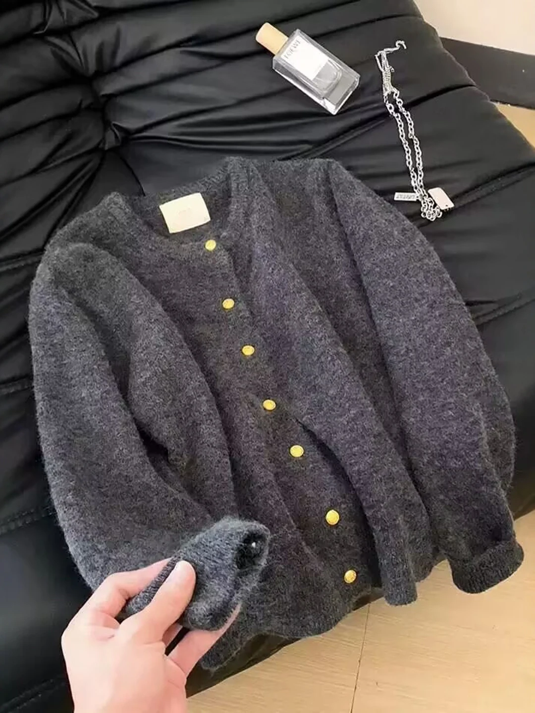 

Ele винтажный вязаный свитер, женский осенне-зимний открытый кардиган большого размера с золотыми пуговицами, свободный крой, длинный све