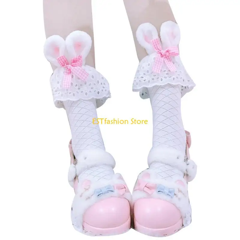 

Y5GC Women Girls Cotton Socks Long Plush Rabbit Bunny Ears Bowknot Lace Japanese Anime Tube