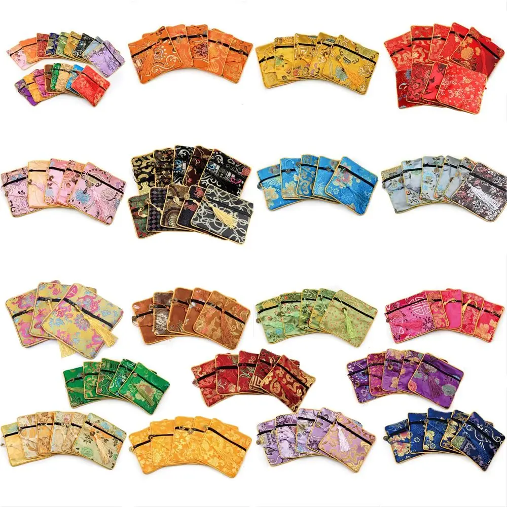 กระเป๋าใส่เหรียญผ้าแคนวาสปักลายมินิ พร้อมพู่ห้อย ลายมังกรดอกไม้  กระเป๋าใส่เหรียญทองแดง  กระเป๋าใส่เครื่องประดับ  กระเป๋าใส่บัตร  กระเป๋าถือใบเล็ก