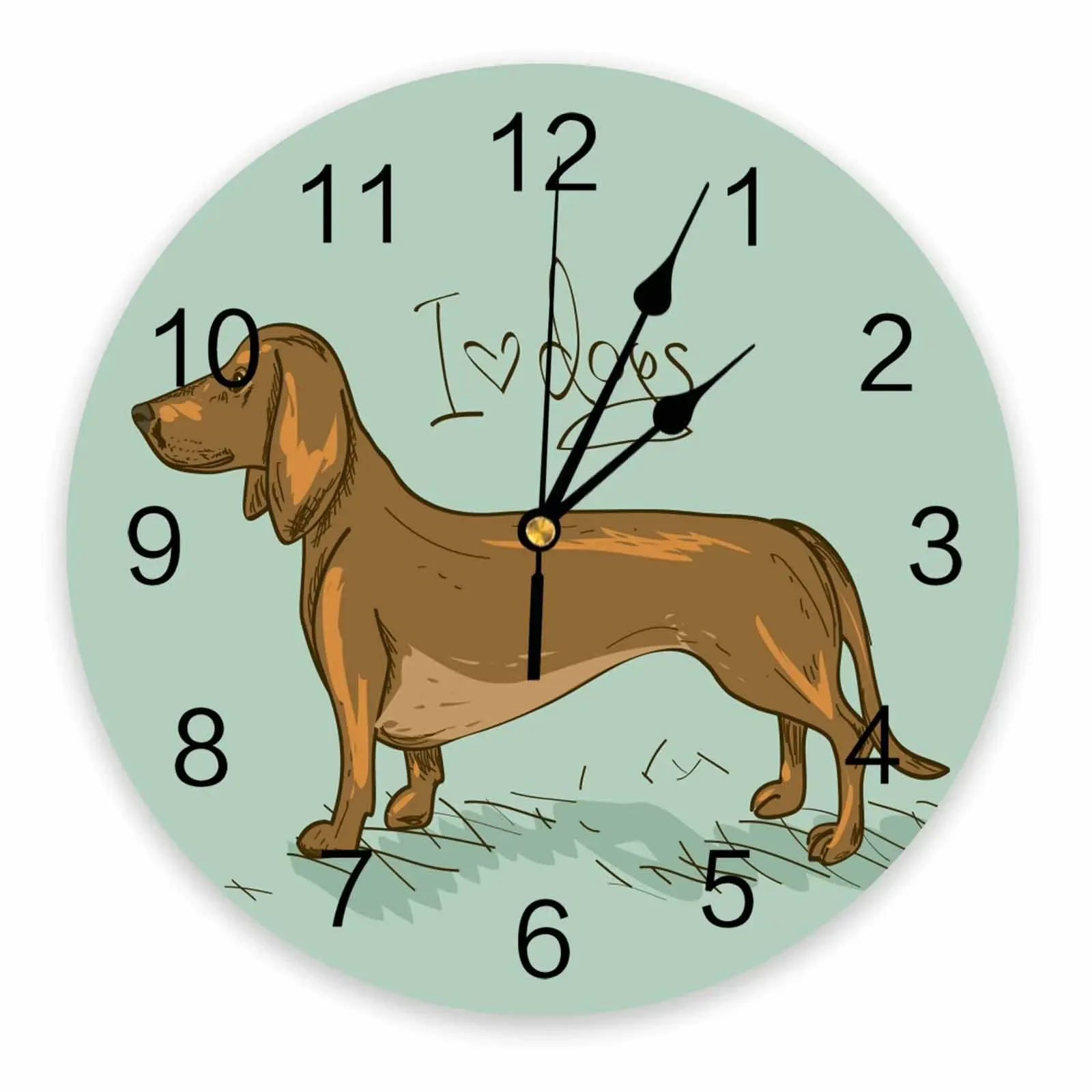 

Pet Dog Dachshund Cartoon Decorative Round Wall Clock Arabic Numerals Design Non Ticking Wall Clock Large For Bedrooms Bathroom