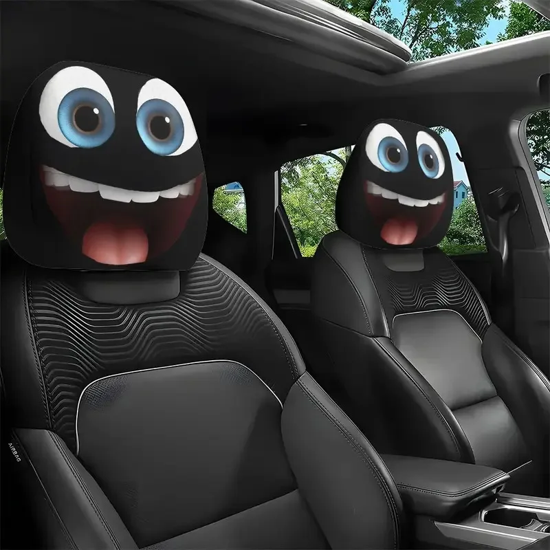 

2Pcs Funny Cartoon Face & Cute Cat Headrest Covers, 3D Printed Seat Headrest Protectors, Universal Auto Interior Accessories