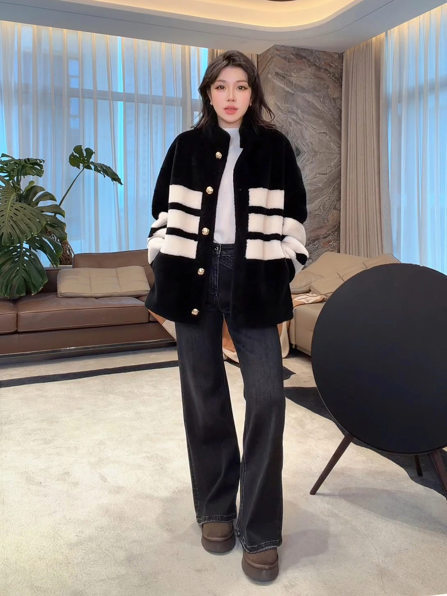 

Женское бархатное пальто Ele Lady's с полосками и меховой отделкой от Old Yang ME Art Voice – высококачественная шерстяная верхняя одежда для женщин