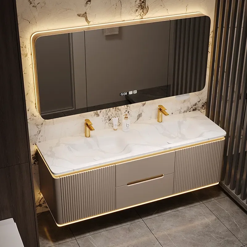 X Slate Hot Bending Integrated Basin Bathroom Cabinet Double Basin Oak Washbasin Combined Toilet Sink Cream Style Available