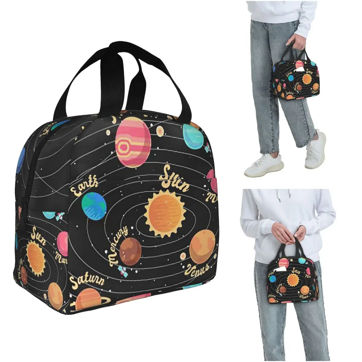 

Planets Orbiting In Space Print Insulated Lunch Bag for Women Kids Portable Food Boxes Thermal Lunch Box Tote