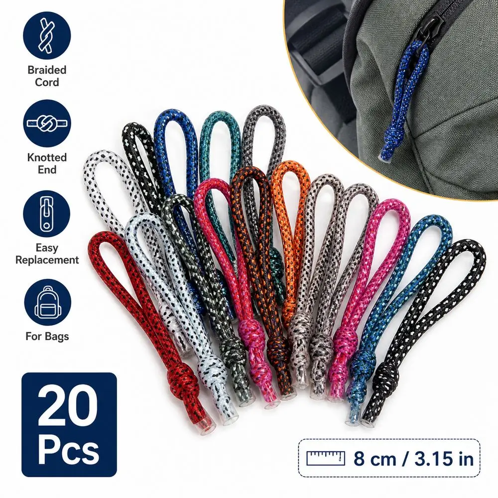 20Pcs New 8cm Zipper Pull Cord Knotted End Colorful Pattern Zipper Replacement Pull Braided Cord Backpack Accessories