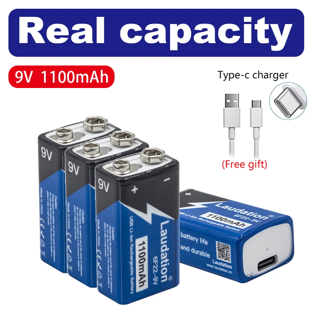 9 В аккумулятор 1100 мАч литий-ионный аккумулятор PP3 6LR61 MN1604 6F22 аккумулятор для мультиметра, микрофона, игрушки + USB-кабель для зарядки