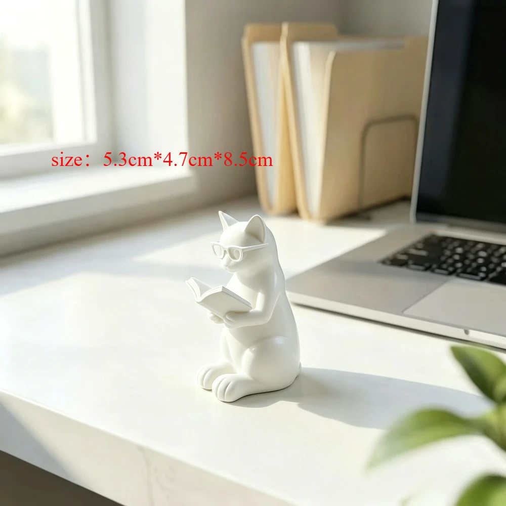 Reading Cat Figurine With Glasses 3D Printed Bookish Kitty Statue White & Black Sculpture For Study Desk Tabletop Decor Gift