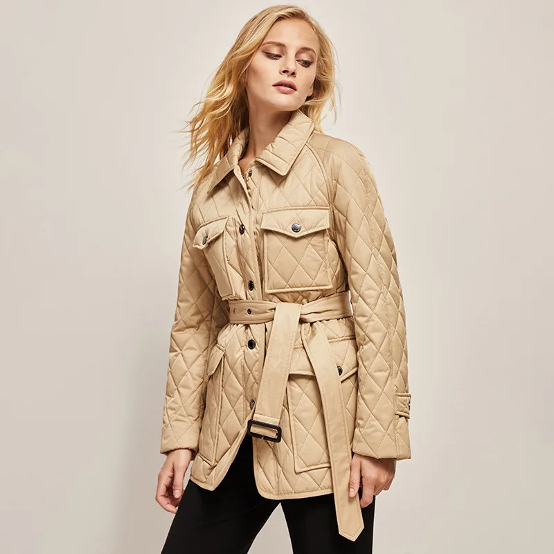 

Winter England Style Women's High Quality Plaid Belt Padded Coat C793