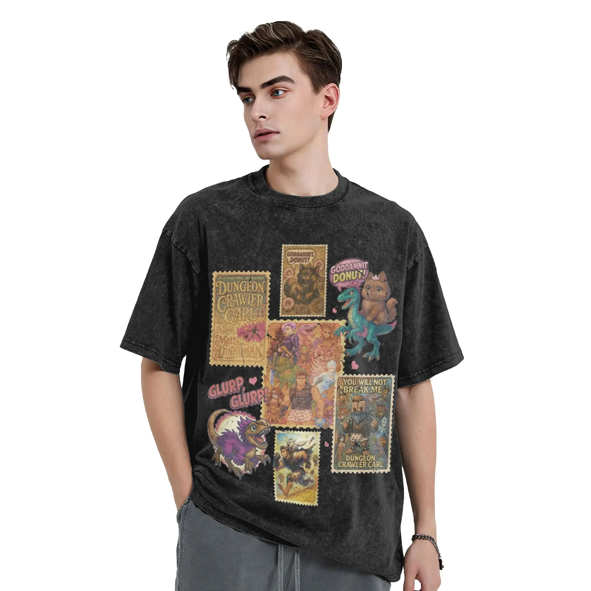 Washed T Shirt  Dungeon Crawler Carl Goddamnit Donut You Will Not Break Me Hip Hop T-Shirts Harajuku Streetwear Tees for Men
