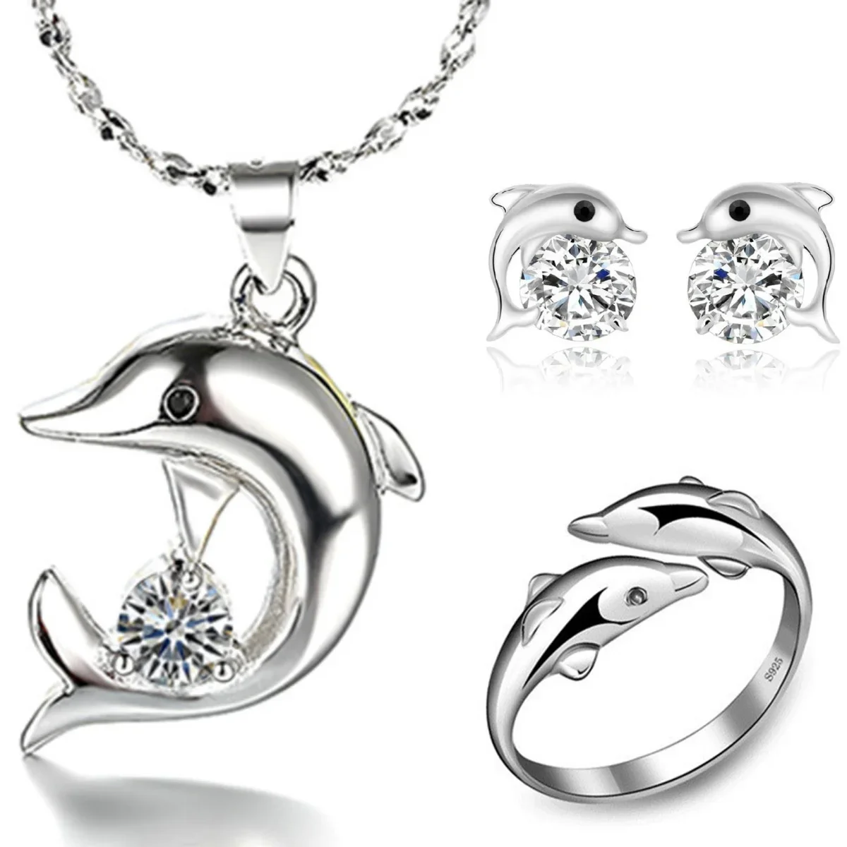 S925 Sterling Silver Dolphin Naszyjnik Kolczyki Pierścionek Bransoletka Zestaw dla kobiet Biżuteria zaręczynowa Prezenty