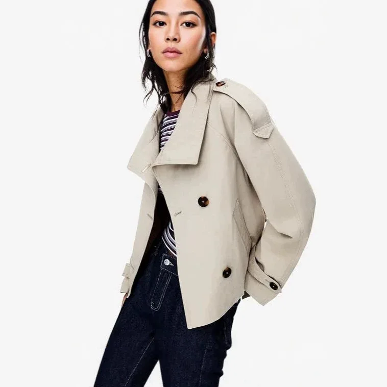 Belted Waist Cropped Trench Jackets Women Double Breasted Stand Collar Coats 2025 Autumn Chic Casual Vintage Jacket Women Cloth
