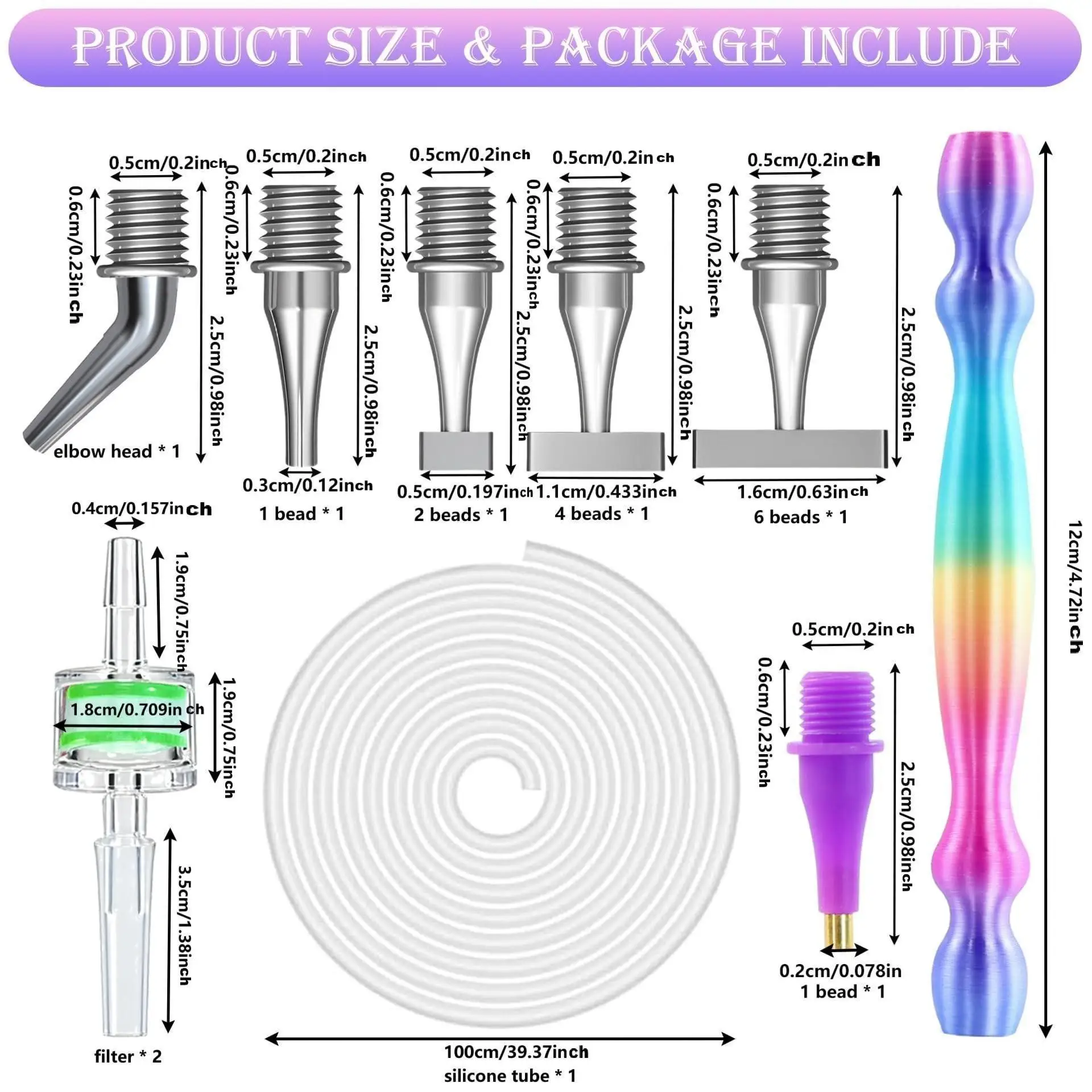 Vacuum Diamond Pen Replacement Set, Replacement Pen Tips, 2 Filter Cartridges, 1/2/3/5/Bent Multifunctional Locator, 1m Silicone Tubes
