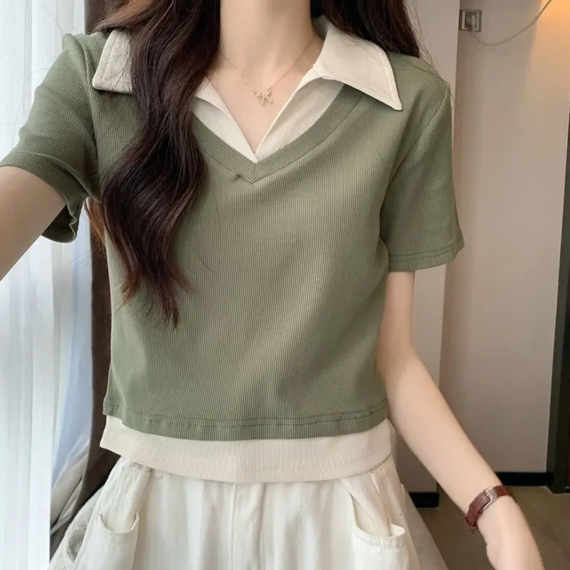 

Polo Neck T Shirt for Women Contrast Color Sexy Crop Top Woman 100℅ Cotton Tshirt Polyester Aesthetic Cheap Tops Youth Original