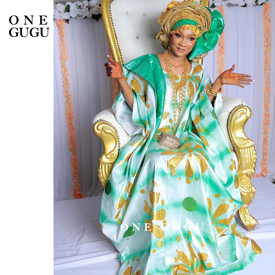 Mint Green With Gold Printing African Dashiki Basin Boubou Dress Nigerian Origianl Printing Bazin Riche Wedding Party Long Robe