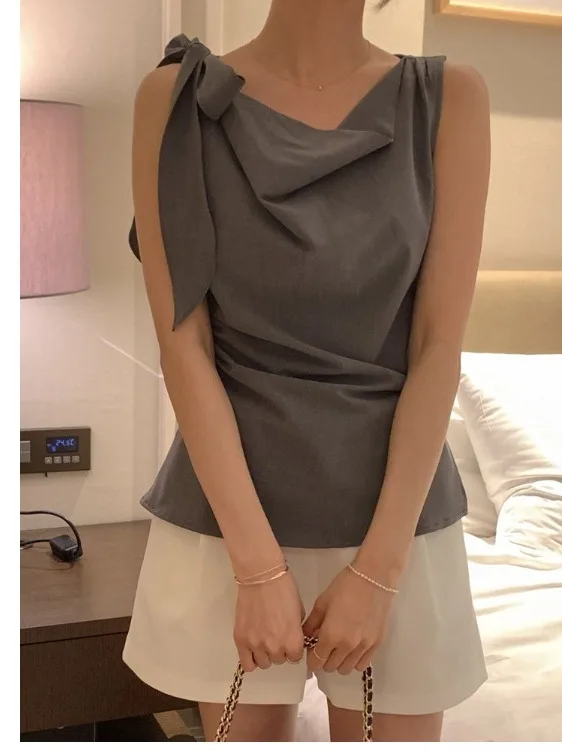Elegant Women's Shirt Korean Style No Sleeve Belted Slimming Younger Looking Straight Cut Summer Fashion Ladies' Premium Blouse