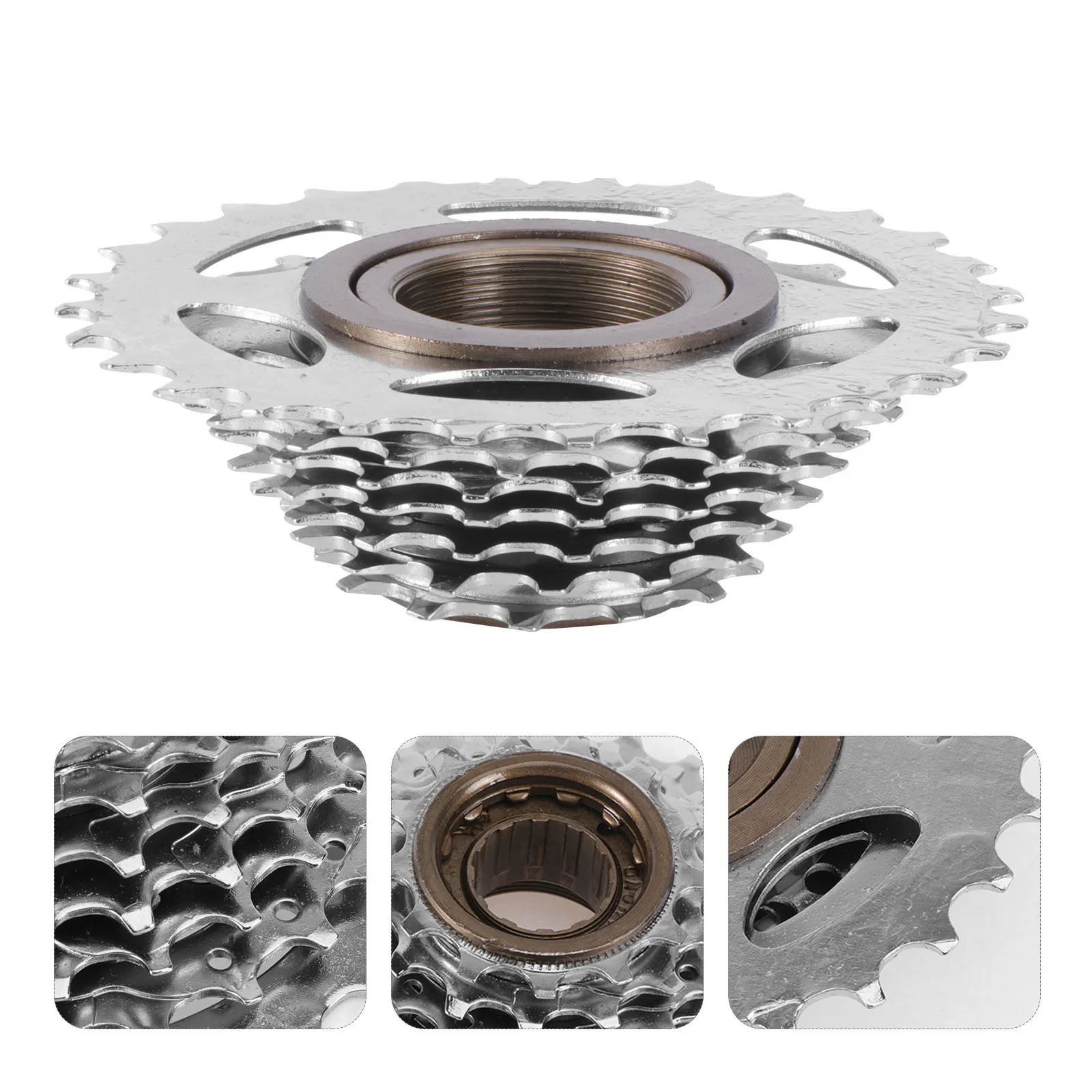 

7-скоростная велосипедная кассета с никелированным покрытием, совместимая с узкими цепями, для плавного переключения передач, прочная трансмиссия.