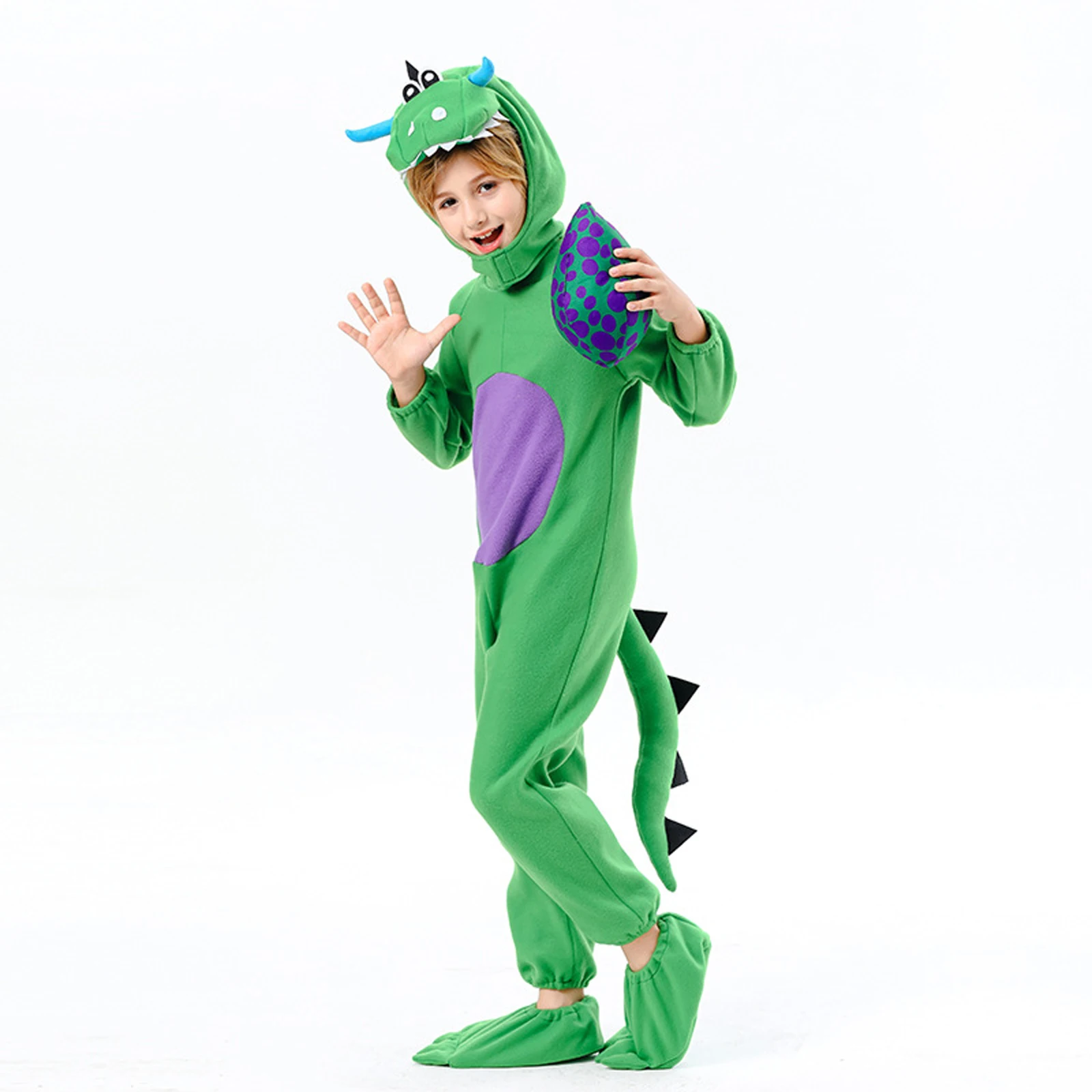 Kids Dinosaur Costume Set Fleece Long Sleeve Hooded Dinosaur Jumpsuit Egg Foot Covers Cosplay Costume for Halloween