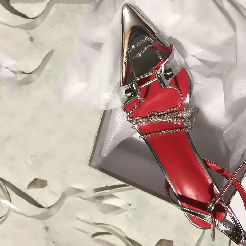 Arden Furtado Summer Metal leather Diamond chain Cross-tied Thin heels Pointed toe Metal buckle Super high heel Open toe sandals