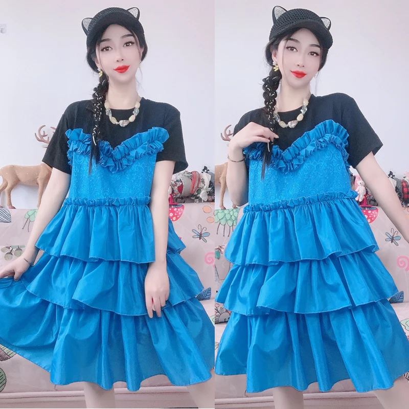 Fashion Brand Multi-Layer Ruffled Stitching Blue Cake Dress Women 2024 Summer New Round Neck Short Sleeve Tulle Tutu Dress