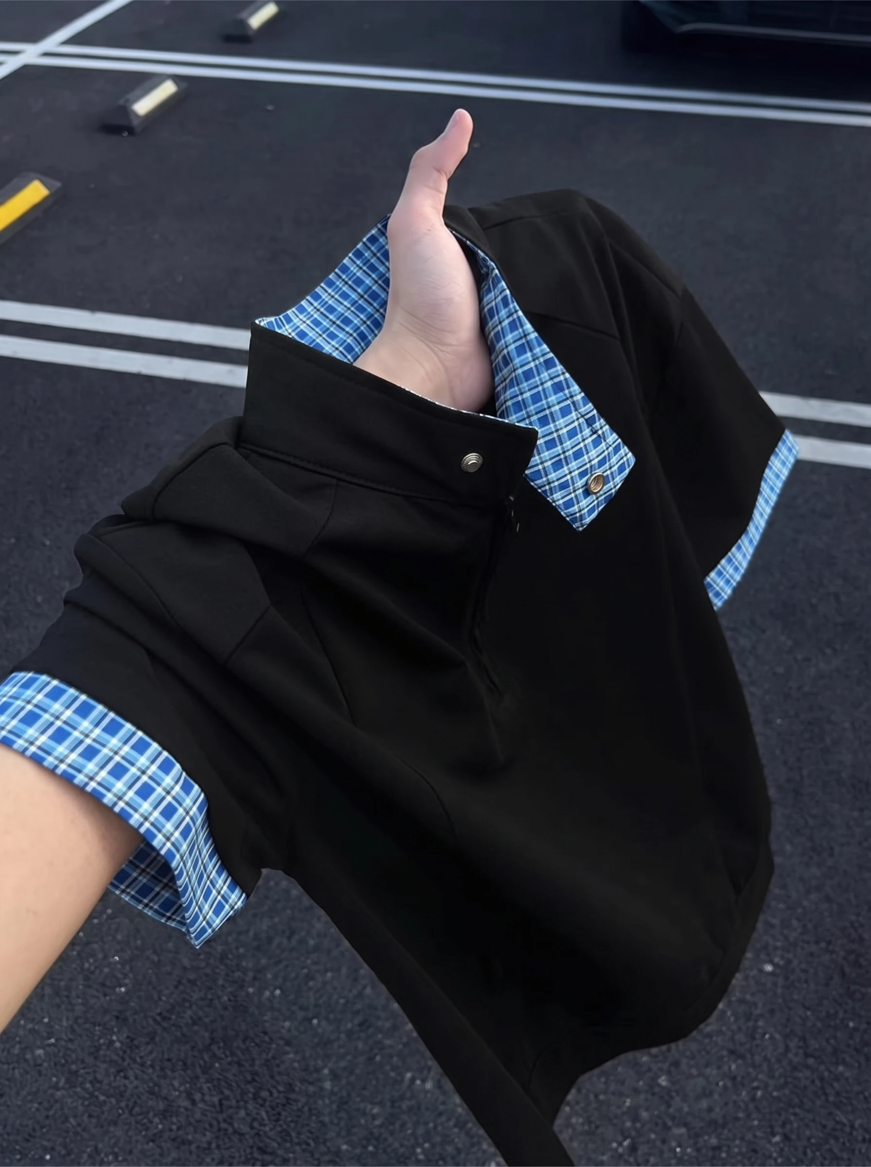American Plaid Color Block Half Zip Short Sleeve Men's Summer High Design Sense  Shirt Stand Collar Shoulder Level T-Shirt