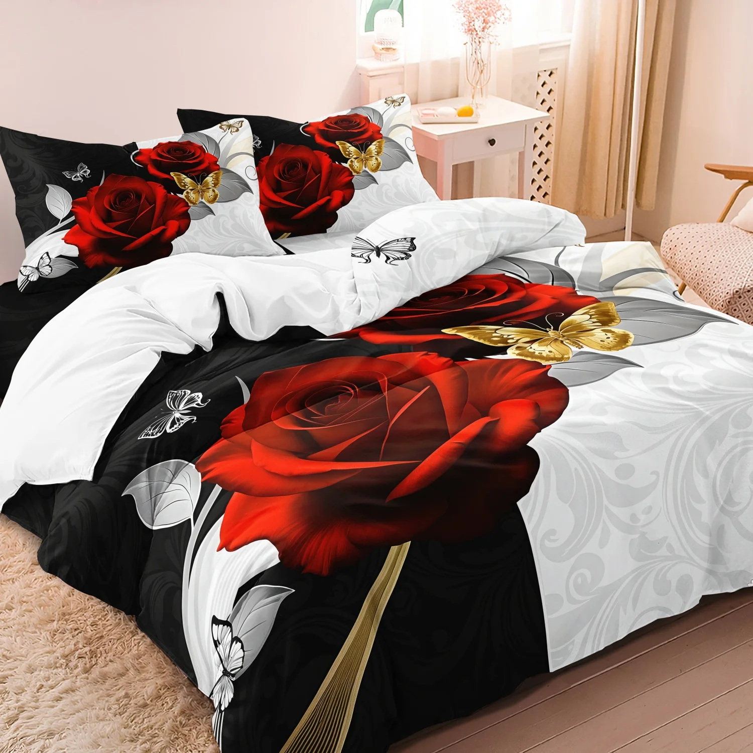 3pcs Romantic Red Rose Butterfly Duvet Cover Set High-Definition Print Home and Dormitory Use King&Queen Size For Home And Dorm