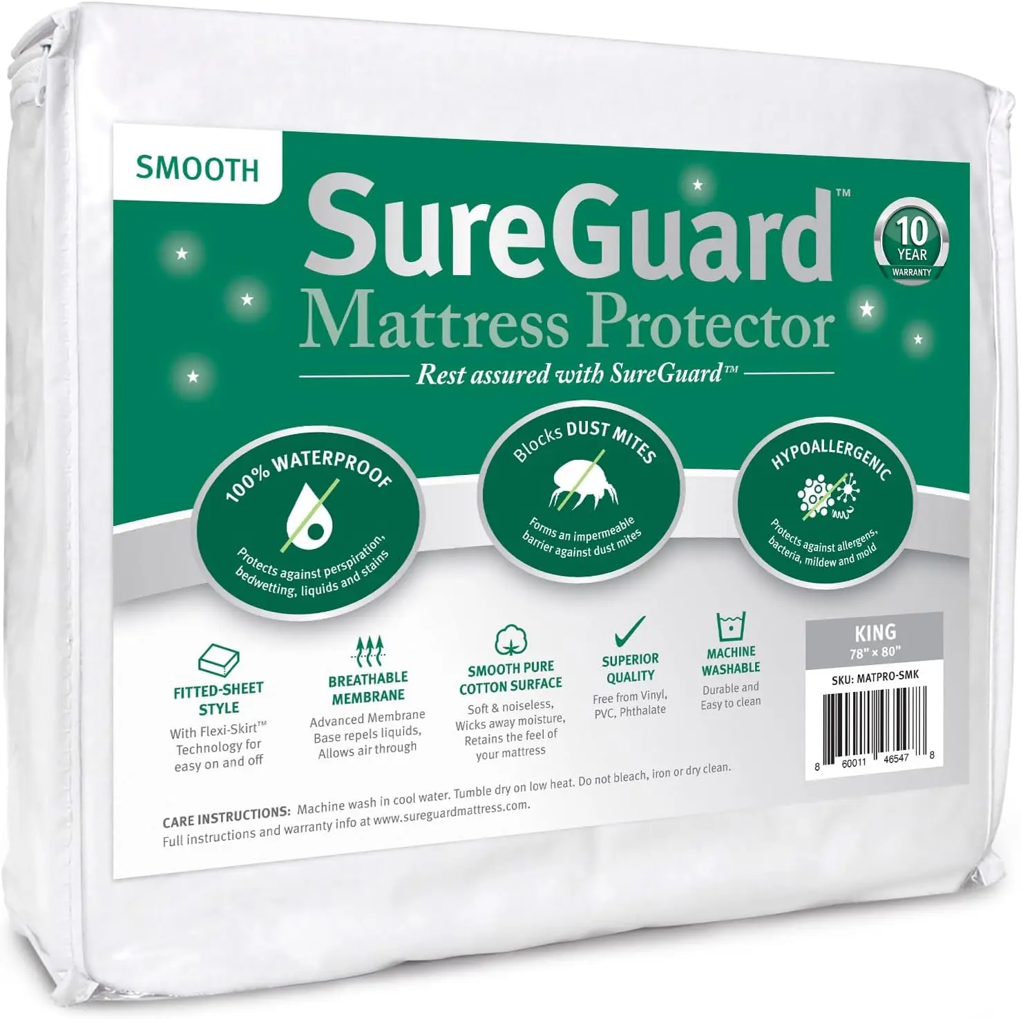 

SureGuard King Size Mattress Protector - 100% Waterproof, Hypoallergenic - Premium Fitted Cotton Cover - Smooth