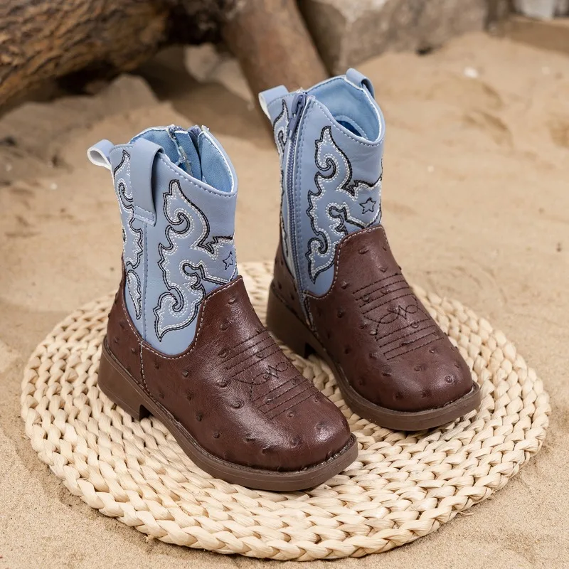 Kids Western Cowboy Boots Embroidered Two-tone Fashion Leather Short Boots Side Zipper Non-slip Footwear for Toddler Boys Girls