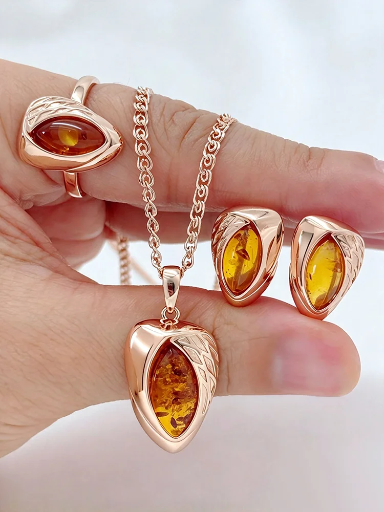 Kinel Hot Fashion 585 Roségoldfarbener Ring, Ohrringe, Halskette für Damen, Rautenförmige Bernstein-Accessoires, Vintage-Schmucksets